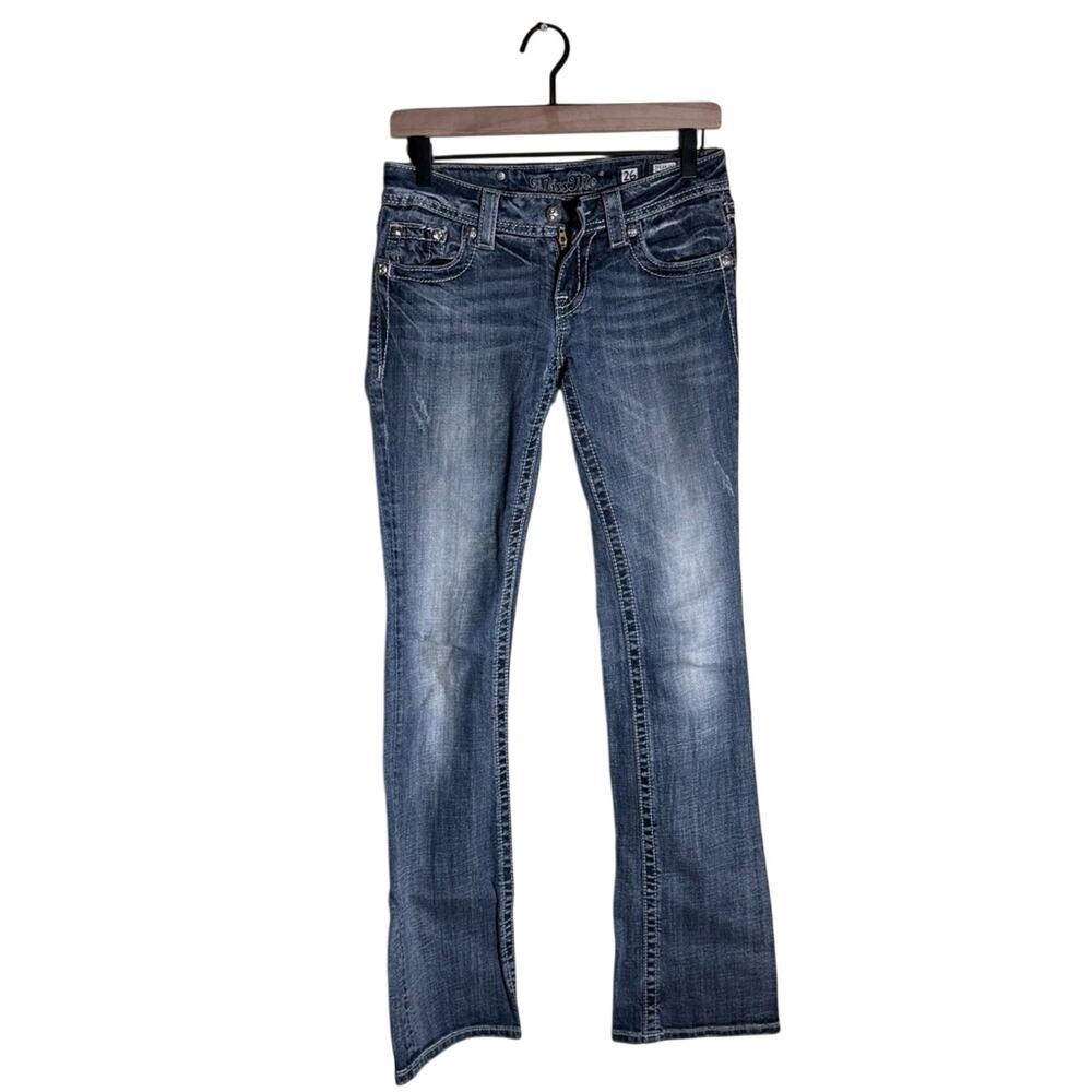 VINTAGE MISS ME Y2K bedazzled white stitch bootcut jeans 26